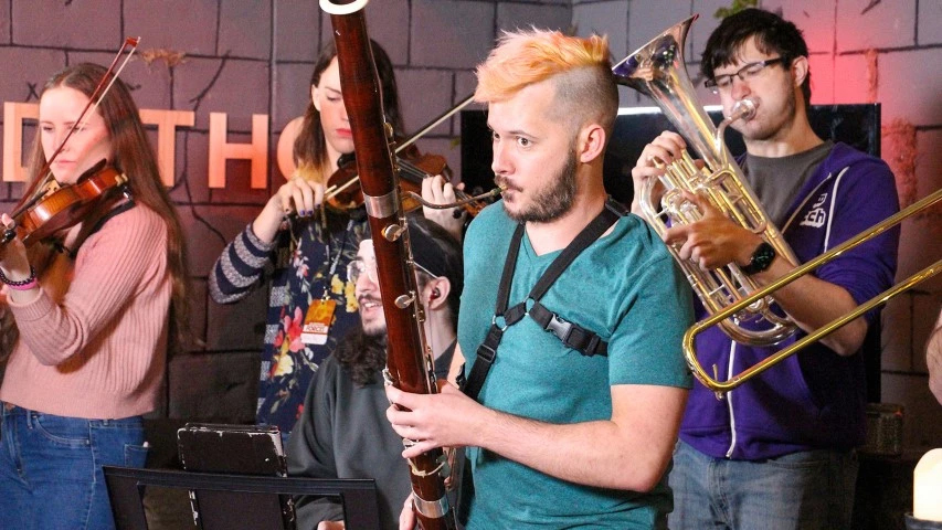 A musical performance on our stage, featered in the front is the basoonist Basoonify